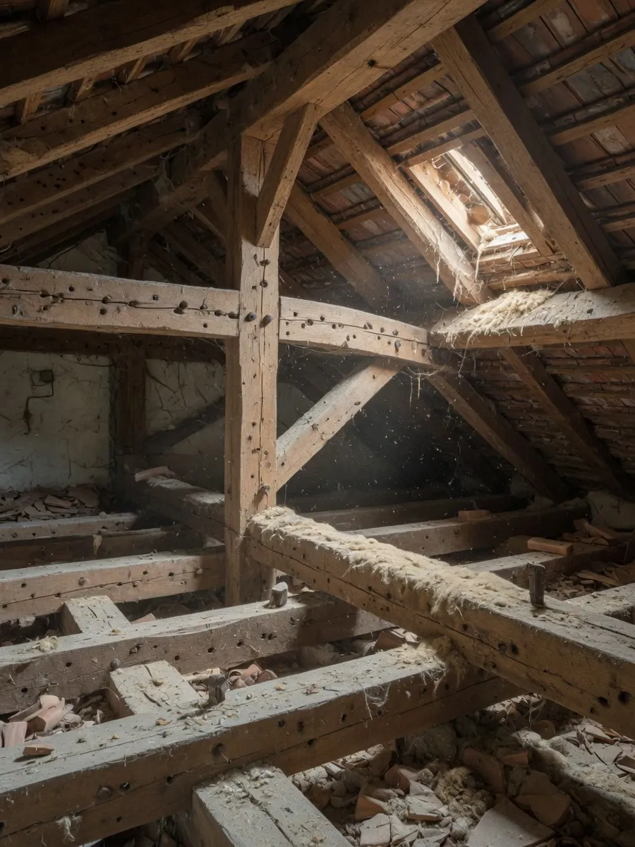 Charpente traditionnelle en bois attaqué par les insectes