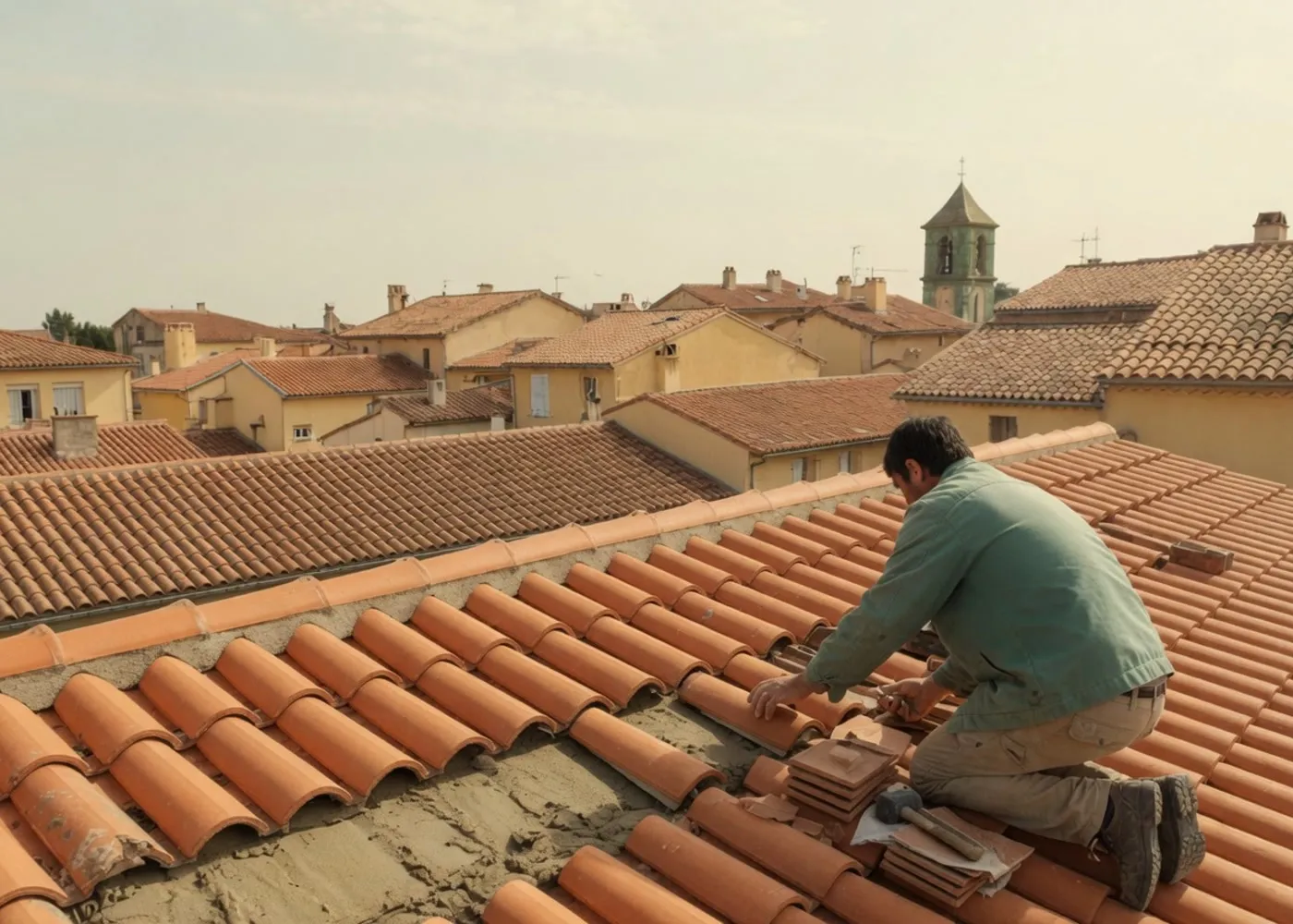 Artisan couvreur sur un chantier de toiture en tuiles